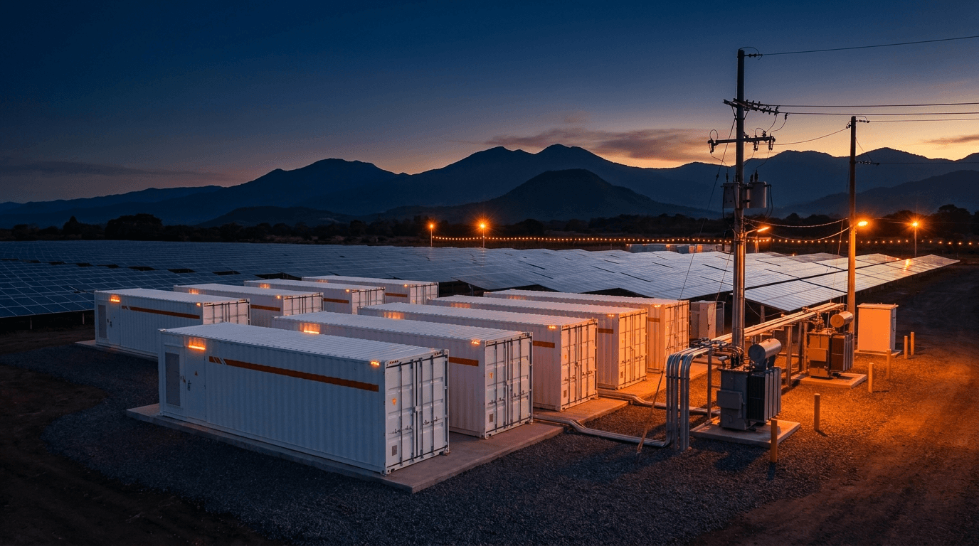 Contenedores de baterías junto a paneles solares al atardecer