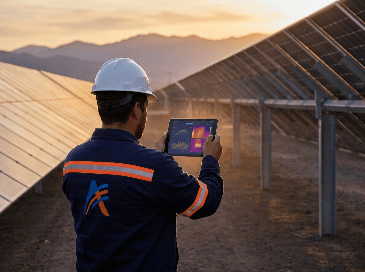 Ingeniero revisando datos de desempeño frente a una instalación solar
