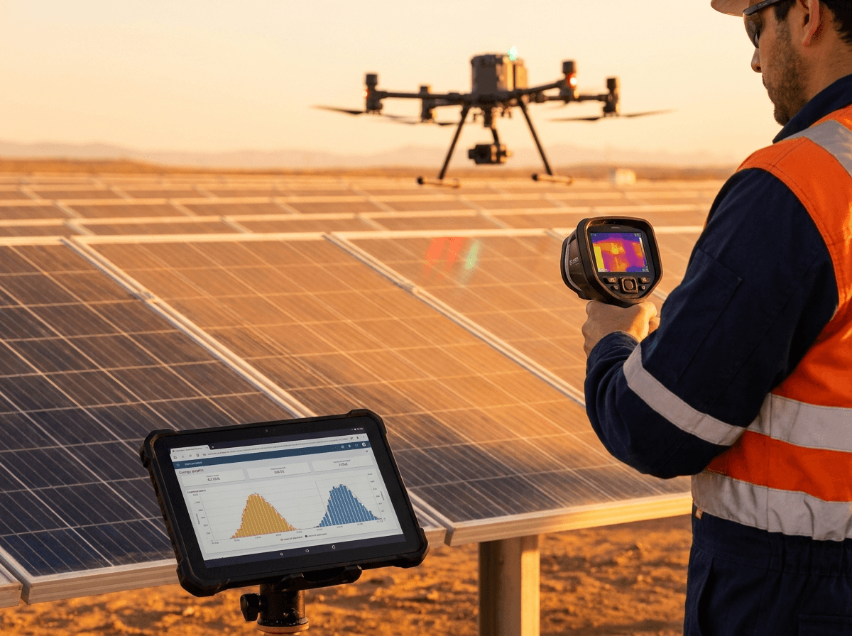 Técnico inspeccionando paneles solares con una cámara térmica