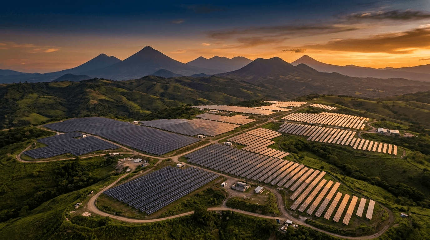 Planta solar de gran escala entre colinas y volcanes